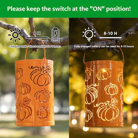 Glitzhome® 10.75" Fall Metal Pumpkin Solar Powered LED Lantern